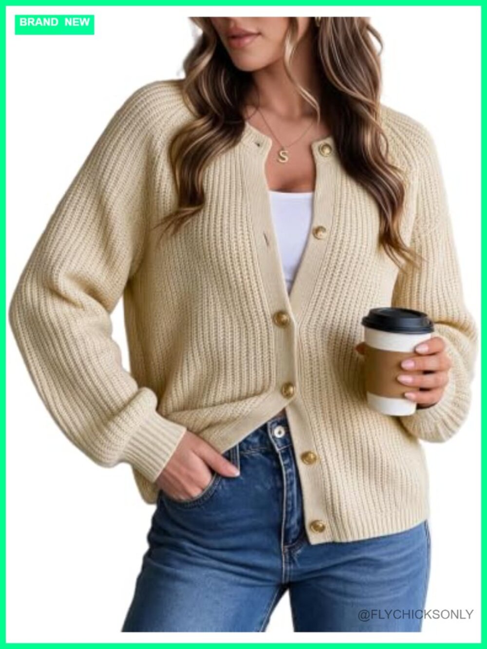 Chunky Knit Lantern Sleeve Fitted Cardigan Sweater Women Warm Winter
